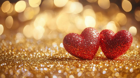 A romantic golden bokeh background with two bright red hearts in the center, symbolizing love and passion.の素材