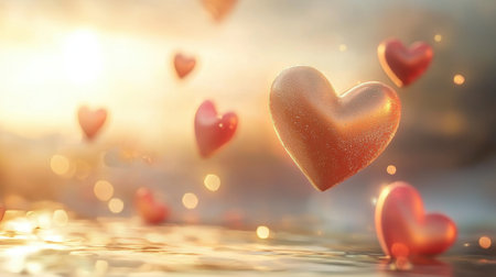 A radiant Valentin -inspired golden bokeh design with glowing heart-shaped highlights and soft light effects.の素材