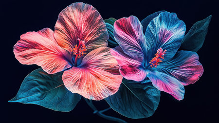 A vibrant neon tropical floral arrangement with glowing pink and blue petals against a deep dark background.の素材