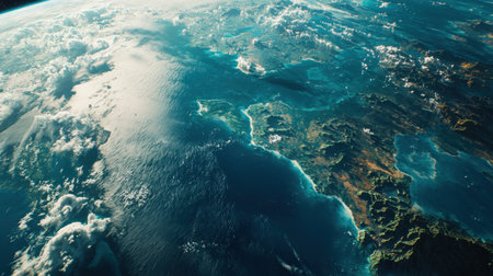 A stunning high-resolution image of the Earth's surface from orbit, with vibrant landmasses and deep blue oceans.の素材