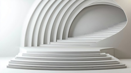 Abstract white geometry background with clean lines and layered podiums, creating a futuristic and elegant display scene.の素材