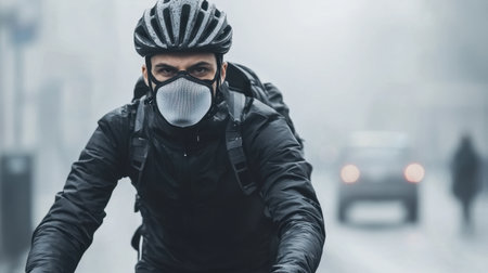 A lone cyclist wearing an air filter mask, navigating through a heavily polluted metropolis with limited visibility.の素材
