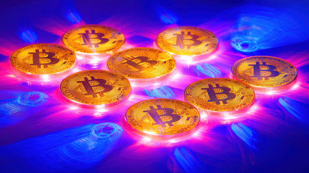 A cyberpunk-style image of golden Bitcoin coins, radiating neon pink and blue lights, symbolizing blockchain technology.の素材