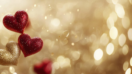 A dreamy Valentine scene featuring shimmering gold bokeh with deep red hearts floating in a soft, romantic blur.の素材