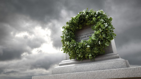 A beautiful memorial stone adorned with a lush green wreath, set against a dramatic cloudy sky, evokes feelings of peace and solemn remembrance in nature.の素材