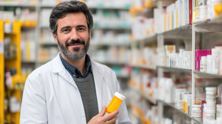 A friendly pharmacist stands confidently in a pharmacy, offering personalized service by guiding customers with their medication needs and health inquiries.の素材