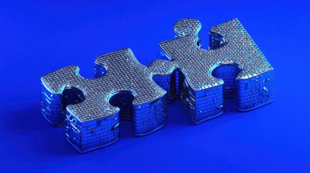 Two shiny metallic puzzle pieces connected together sit against a vibrant blue background, symbolizing collaboration, creativity, and problem-solving in modern design.の素材