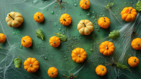 This vibrant flat lay features small orange pumpkins arranged on a green background, adorned with cobwebs and leaves, capturing the essence of autumn and Halloween festivities.の素材
