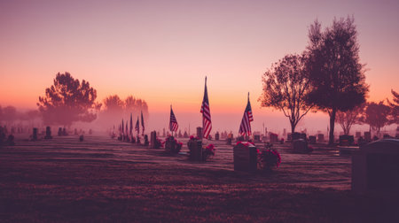 A serene cemetery scene at sunrise, showcasing American flags and a misty atmosphere. The tranquil landscape inspires reflection and remembrance, evoking emotions.の素材