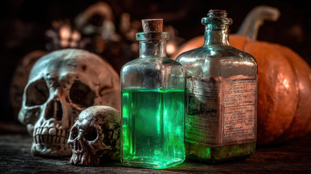 This captivating still life showcases glass bottles filled with green liquid, surrounded by skulls and pumpkins, perfectly capturing the essence of Halloween spirit and mystery.の素材
