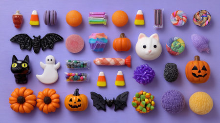 A vibrant collection of Halloween treats including candies, pumpkins, ghosts, and bats arranged aesthetically on a purple backdrop, perfect for festive celebrations.の素材