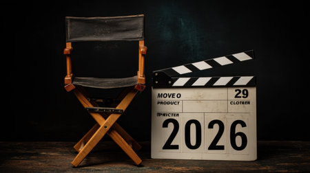 A vintage-style film director chair next to a classic clapperboard marked 2026, ideal for themes of filmmaking, production, and the cinematic arts in a stylish setting.の素材
