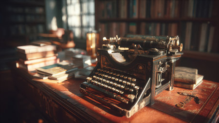 A nostalgic scene featuring a vintage typewriter on a wooden desk amidst old books and documents, illuminated by soft sunlight, evoking a warm and creative atmosphere.の素材
