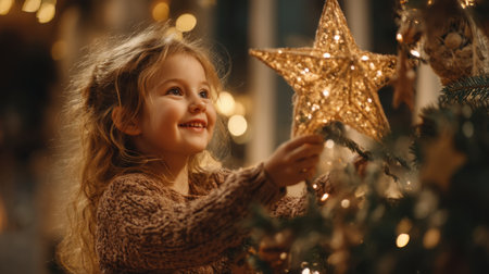 A delightful young girl decorates a Christmas tree with a shining star ornament, surrounded by warm lights and festive decorations creating a cozy holiday atmosphere.の素材