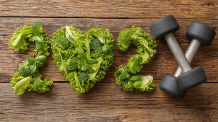 Fresh green vegetables creatively arranged as the number 2022 alongside dumbbells on a wooden table, symbolizing health, fitness, and a vibrant lifestyle.の素材