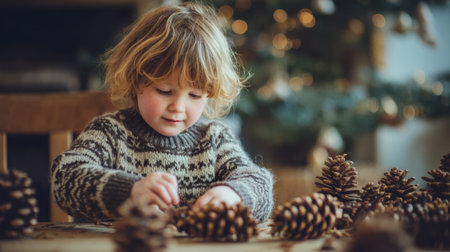 A young child engages in an imaginative activity with pine cones in a warm, inviting indoor space adorned with holiday decorations, evoking creativity and joy.の素材