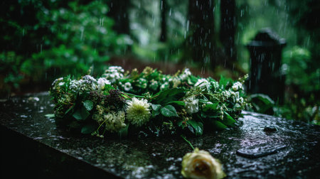 A serene scene featuring a floral wreath on a rain-drenched grave, surrounded by vibrant greenery, evoking feelings of remembrance and connection to nature.の素材