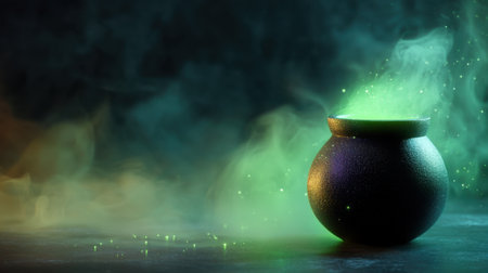 Captivating image of a black cauldron surrounded by swirling green smoke, ideal for Halloween and fantasy themes, evoking a sense of mystery and magic.の素材