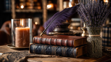 Capture the essence of a cozy vintage workspace filled with leather-bound books, candlelight, and a rustic lavender arrangement, inviting creativity and tranquility.の素材