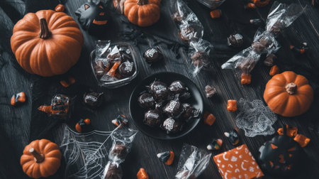 A vibrant assortment of Halloween treats, including pumpkins and colorful candies, set against a dark background, perfect for creating a festive atmosphere.の素材