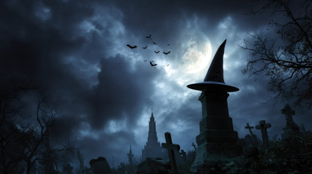 Experience the chilling vibe of a spooky night with a silhouette of a witch hat against a glowing full moon, bats flying, and gravestones in a haunted setting.の素材