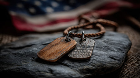 A pair of rustic dog tags, crafted from wood and metal, rests on a stone surface, complemented by a vintage American flag backdrop, symbolizing honor and remembrance.の素材