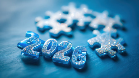 A creative and vibrant representation of the year 2026, featuring glossy blue numbers and sparkling puzzle pieces. Ideal for celebrating new beginnings and progressive planning.の素材