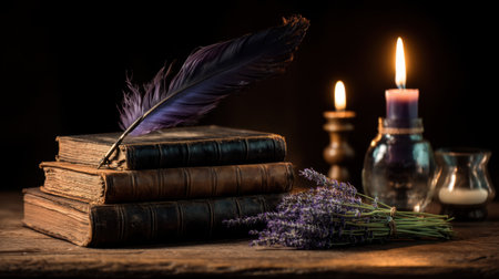 This enchanting still-life composition features vintage books, a feather quill, candlelight, and a lavender bouquet, creating a serene and artistic atmosphere perfect for home decor.の素材