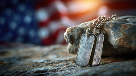 A detailed closeup of silver dog tags resting on a textured stone surface, with a blurred American flag in the background, evoking feelings of honor and sacrifice.の素材