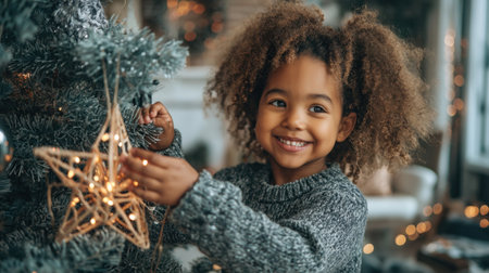A cheerful young girl decorates a Christmas tree with care and joy, embodying the holiday spirit in a warm and inviting living room filled with decorations.の素材