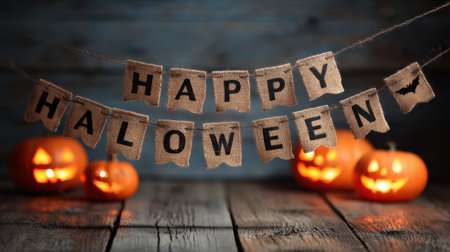 Capture the essence of Halloween with this rustic burlap banner spelling "Happy Halloween" alongside glowing jack-o'-lanterns, perfect for seasonal decor ideas.の素材
