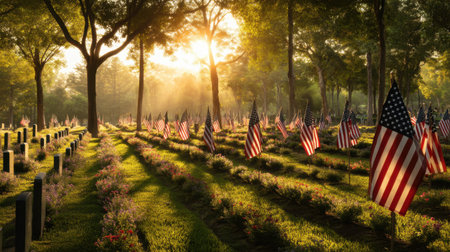 A beautiful cemetery scene with rows of American flags fluttering gently in the breeze, illuminated by soft sunlight during golden hour, embodies honor and remembrance.の素材
