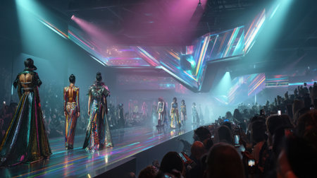 This image captures a captivating futuristic fashion show where models stride down a colorful runway, surrounded by an enthralled audience and stunning light displays.の素材