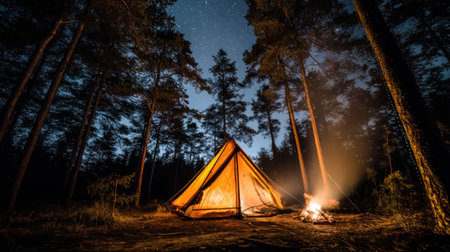 A tranquil campsite featuring a glowing tent beside a warm campfire, framed by tall trees under an expansive starry sky, offering an idyllic escape into nature.の素材
