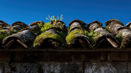 A vibrant image of weathered roof tiles adorned with moss and plants against a backdrop of a clear blue sky captures the charm of rustic architecture in nature.の素材