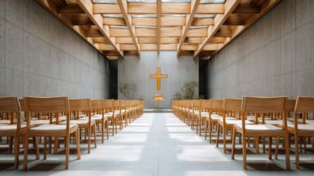 A serene interior of a modern chapel featuring a striking wooden ceiling and minimalist design. The space, with its wooden chairs and cross, invites reflection.の素材