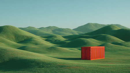 A striking orange shipping container stands alone in a tranquil landscape of rolling green hills, inviting thoughts of exploration and solitude beneath a limitless blue sky.の素材