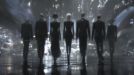 A striking futuristic scene featuring human-like figures dressed in sleek outfits walking through a neon-lit urban landscape at night, showcasing a captivating cyberpunk aesthetic.の素材