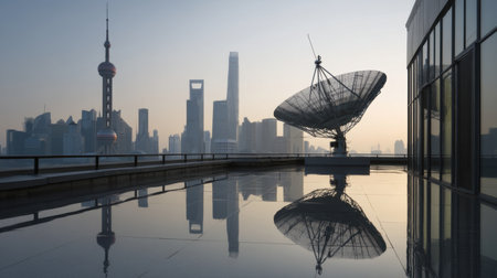 A stunning view of a modern satellite dish on a rooftop, showcasing the Shanghai skyline reflected on a glass surface at sunrise, capturing the essence of urban technology.の素材