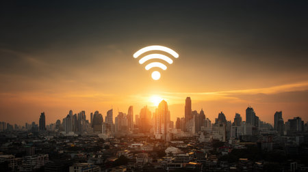 A stunning urban skyline captured at sunset, featuring a wireless signal icon that symbolizes modern connectivity and technology in city life, inspiring innovation.の素材