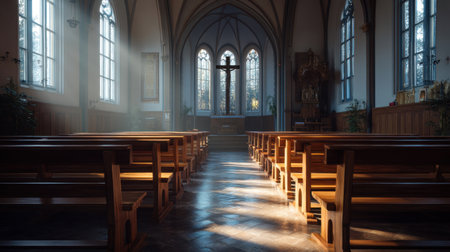 This image captures the serene interior of a church, featuring wooden benches and soft sunlight streaming through beautiful windows, perfect for moments of reflection.の素材