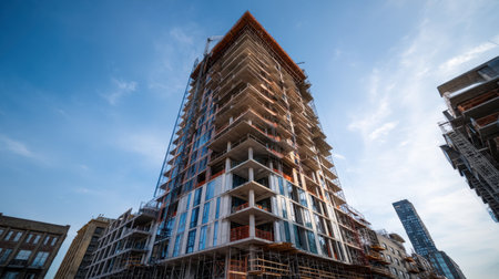 A stunning view of a modern skyscraper under construction, showcasing scaffolding, glass facade, and blue sky in an urban environment, symbolizing growth and progress.の素材
