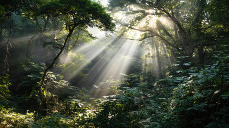 Experience the enchanting beauty of sunlight illuminating a lush forest, creating a serene and magical atmosphere with vibrant foliage and tranquil vibes.の素材