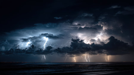 Powerful lightning illuminates dark storm clouds over a serene ocean, capturing the beauty and intensity of natureの素材