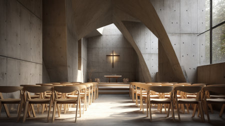 Stunning modern religious interior with minimalist design. Natural light highlights the cross and altar, creating a peaceful atmosphere for worship and reflection.の素材