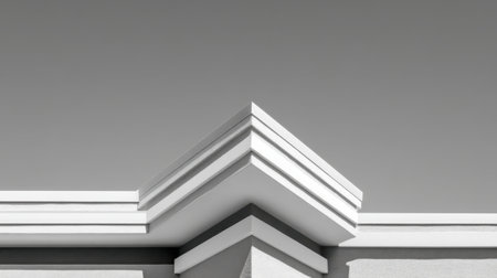 This black and white image showcases a minimalist detail of a roofline, featuring crisp lines and geometric shapes that create a striking architectural visual against the sky.の素材