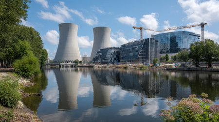 This image captures a modern industrial scene with cooling towers and contemporary architecture reflecting on calm water, showcasing an urban landscape under a bright sky.の素材