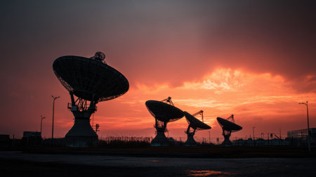 A striking scene featuring a silhouette of satellite dishes facing a colorful sunset sky, showcasing the blend of technology and nature's beauty in the evening.の素材