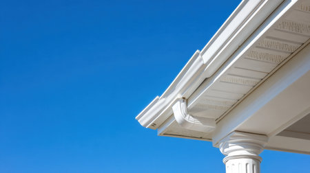 This image features a close-up view of a white roof gutter against a bright blue sky, highlighting modern architectural elements and a clean, polished appearance.の素材