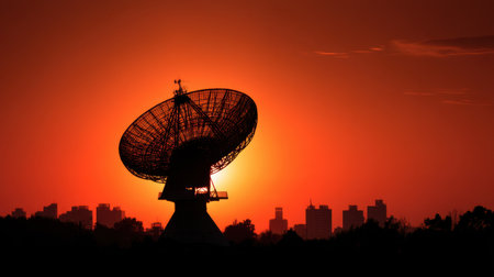 Explore the striking silhouette of a satellite dish against a vibrant sunset, capturing the essence of technology against a beautiful urban backdrop.の素材